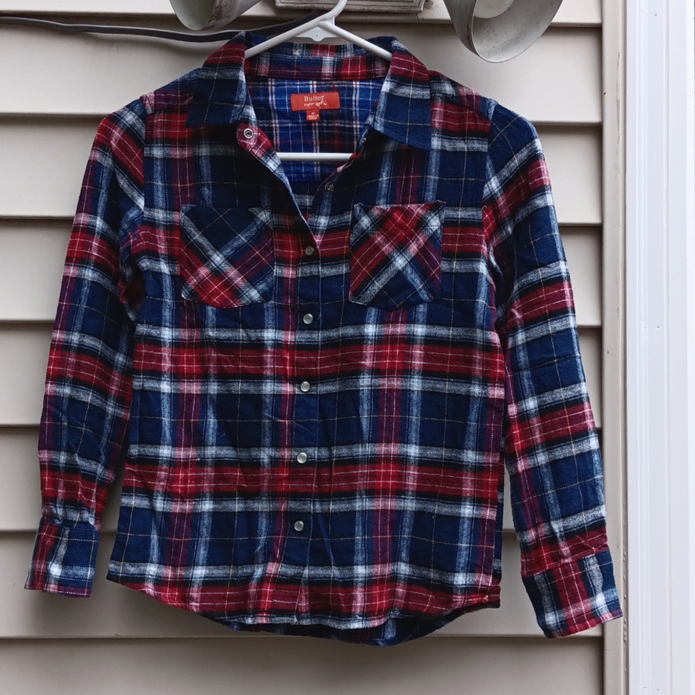 BUTTER Super Soft Girl's Plaid Shirt, size M